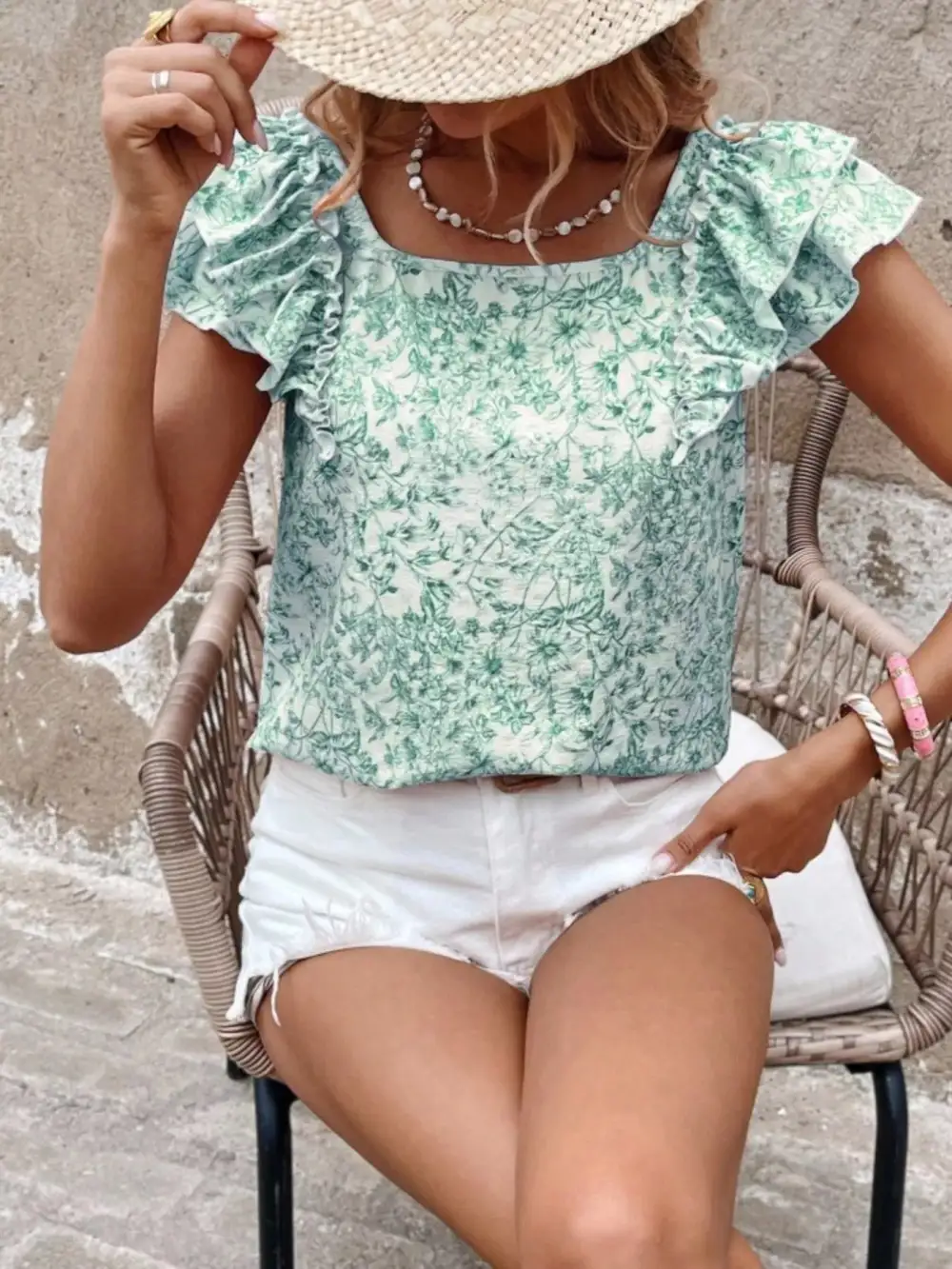 Floral Print Ruffle Trim Blouse