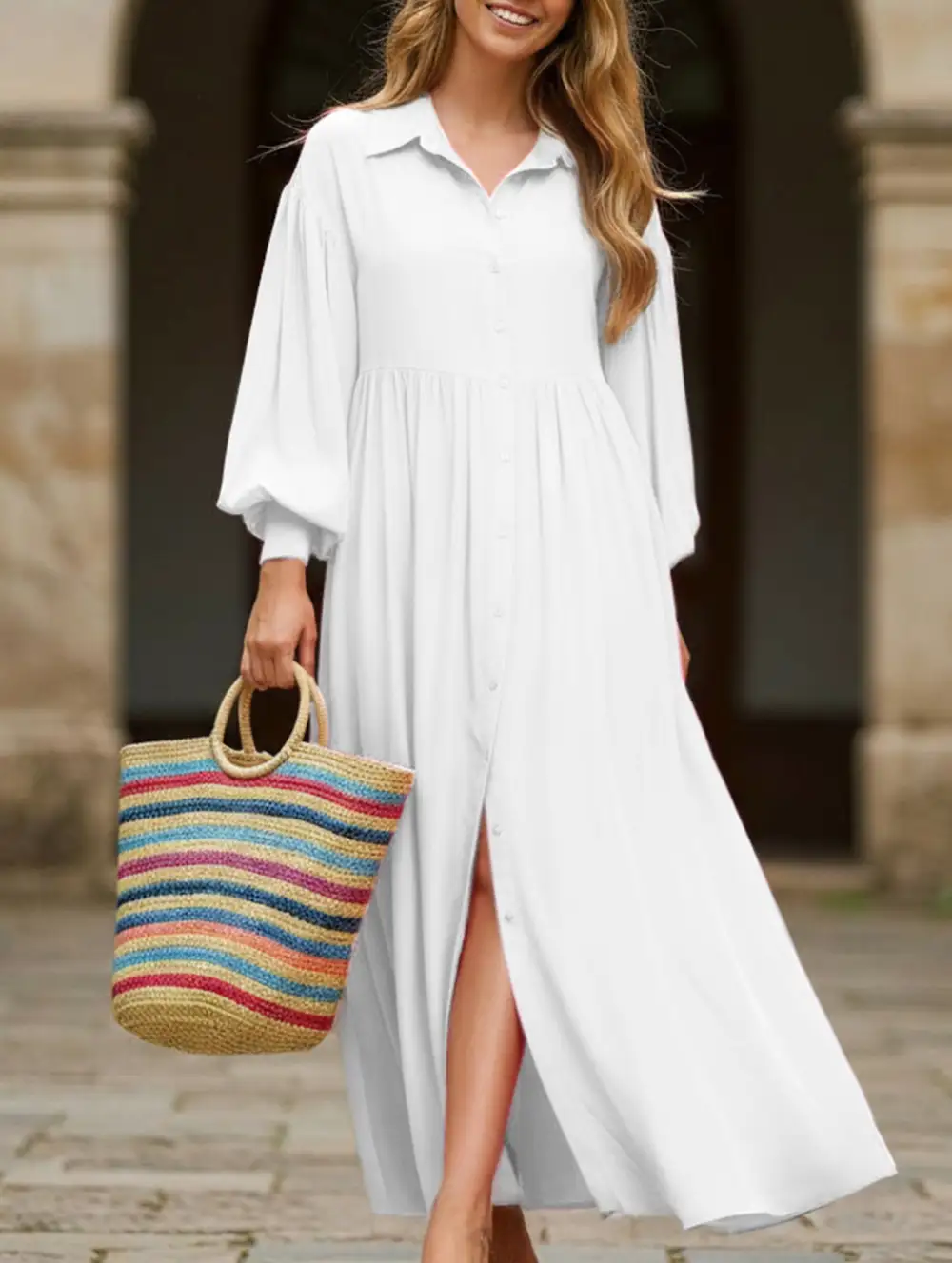 Button-Down Lapel Pleated Long-Sleeve Maxi Dress