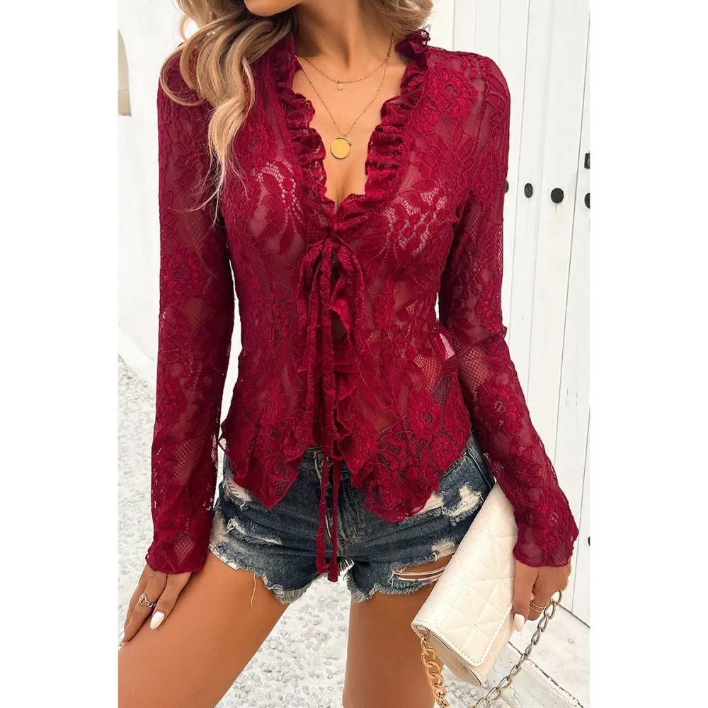Lace Trim Ruffle Trim Knot Detail Top