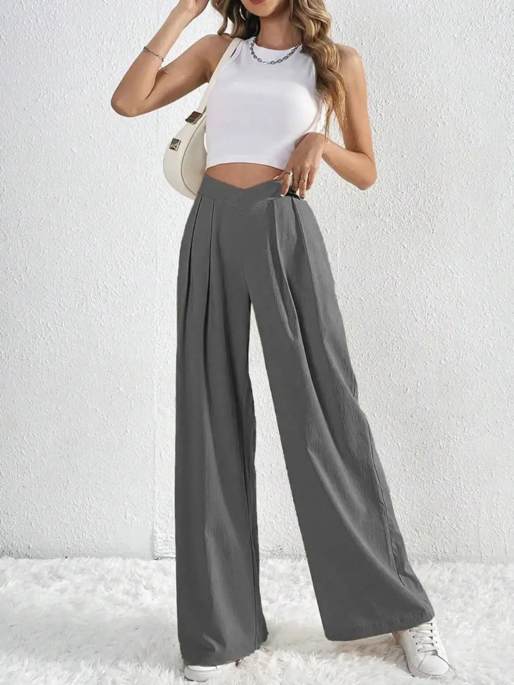 V Waisted Ruched Front Wide Leg Pants