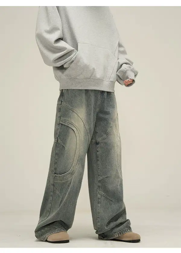 Wide-Leg Vintage-Wash Contrast-Stitch Jeans