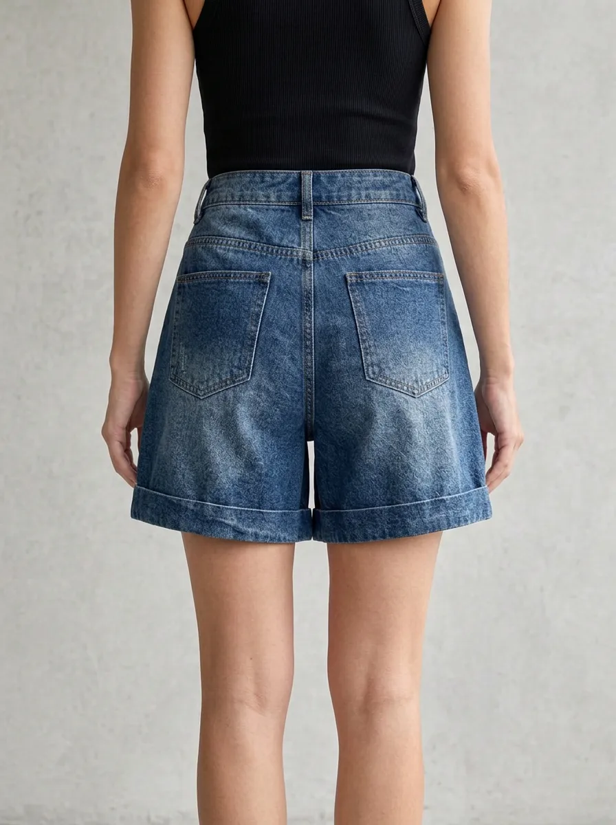 Women's High Waisted Cargo Pocket Rolled Hem Denim Shorts