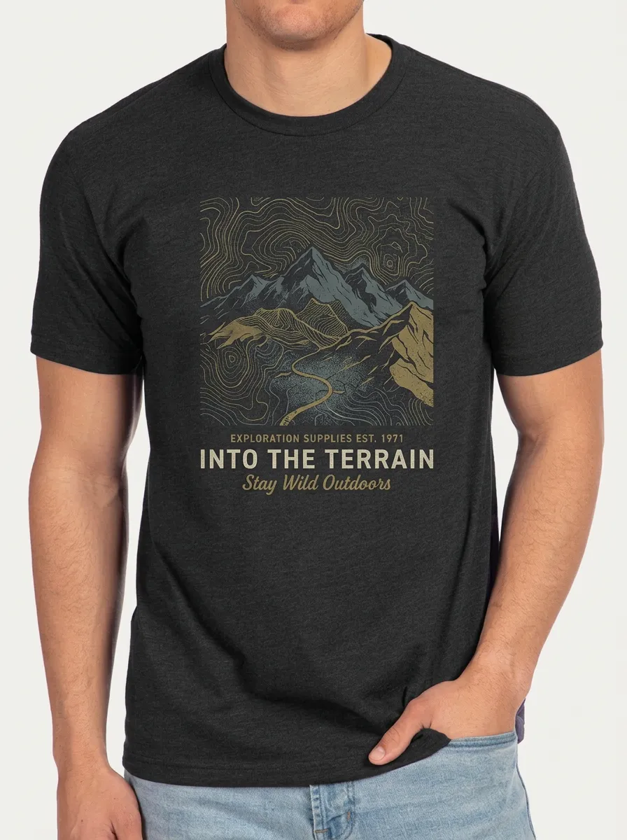 Men's Crewneck Waypoint Trail Outdoor Adventure Mountain Topographic Graphic T-Shirt