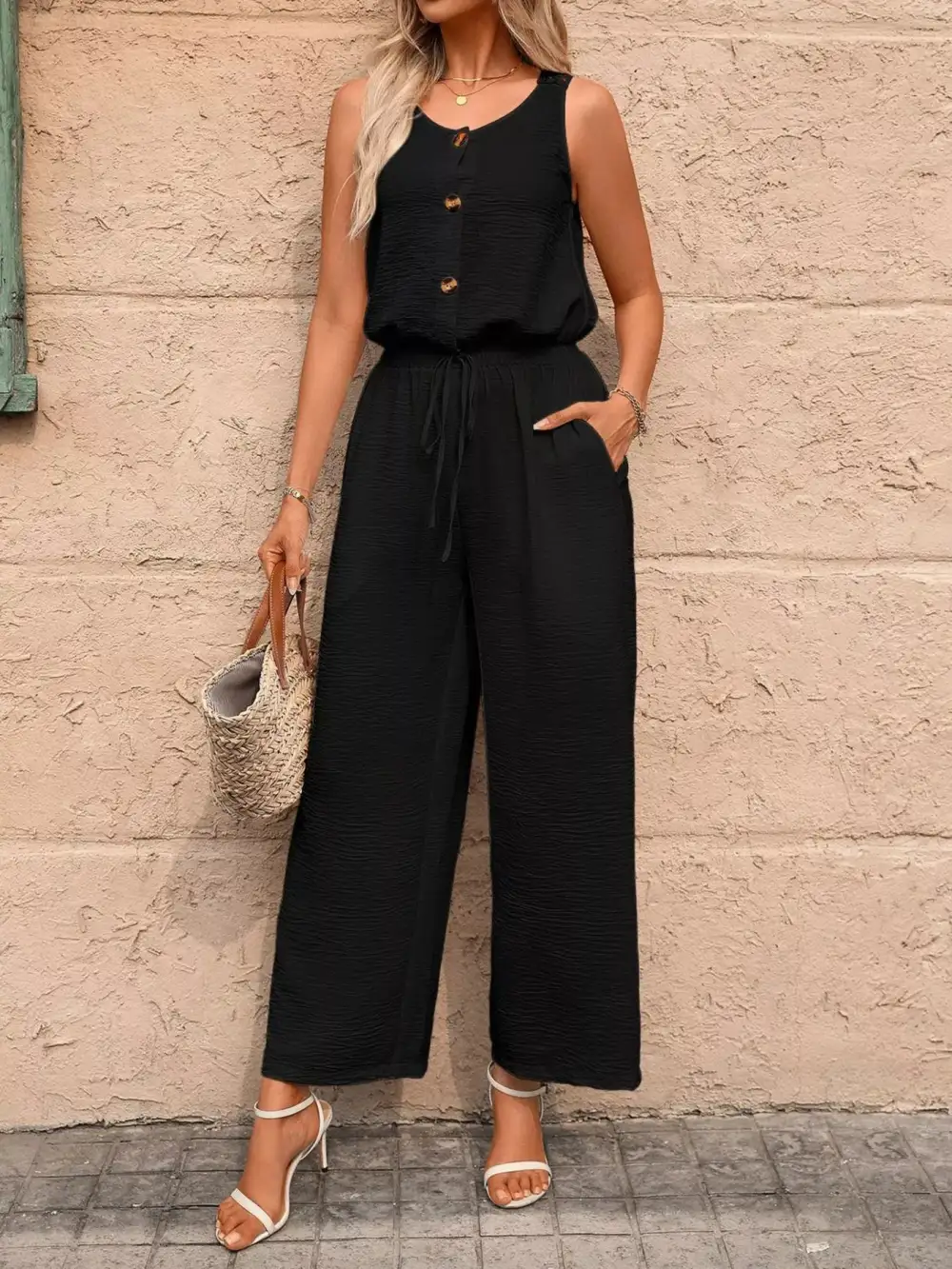 Sleeveless Button Front Wide Leg Jumpsuit