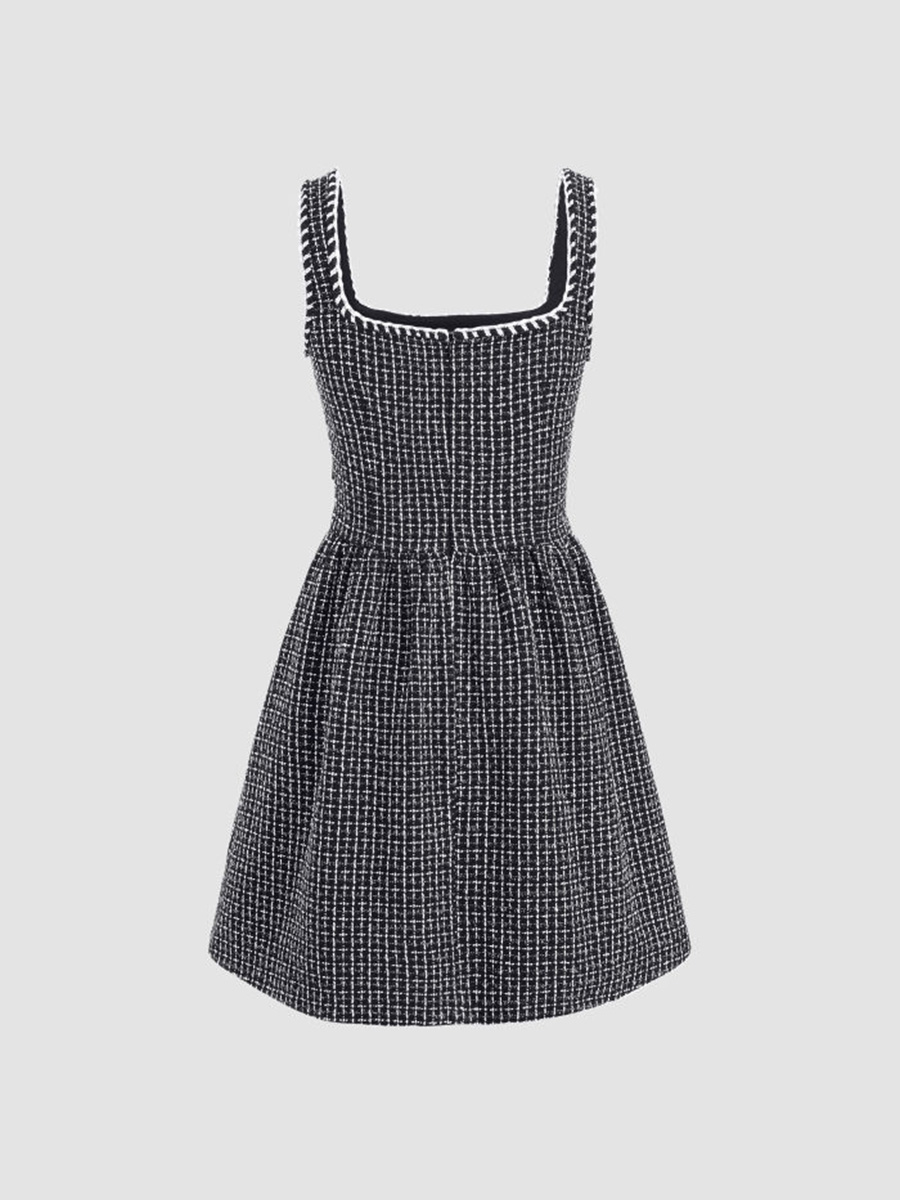 Tweed U-Neckline Solid Mini Dress
