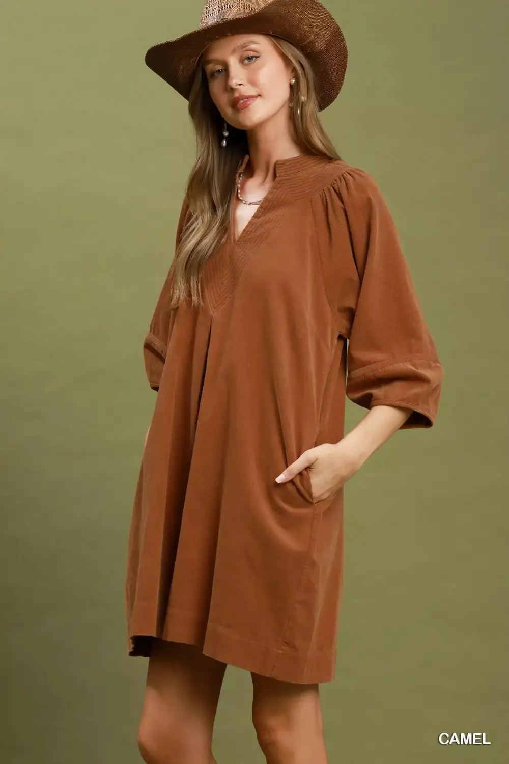 Relaxed Corduroy V-Neck Puff Sleeve Shift Dress With Pockets