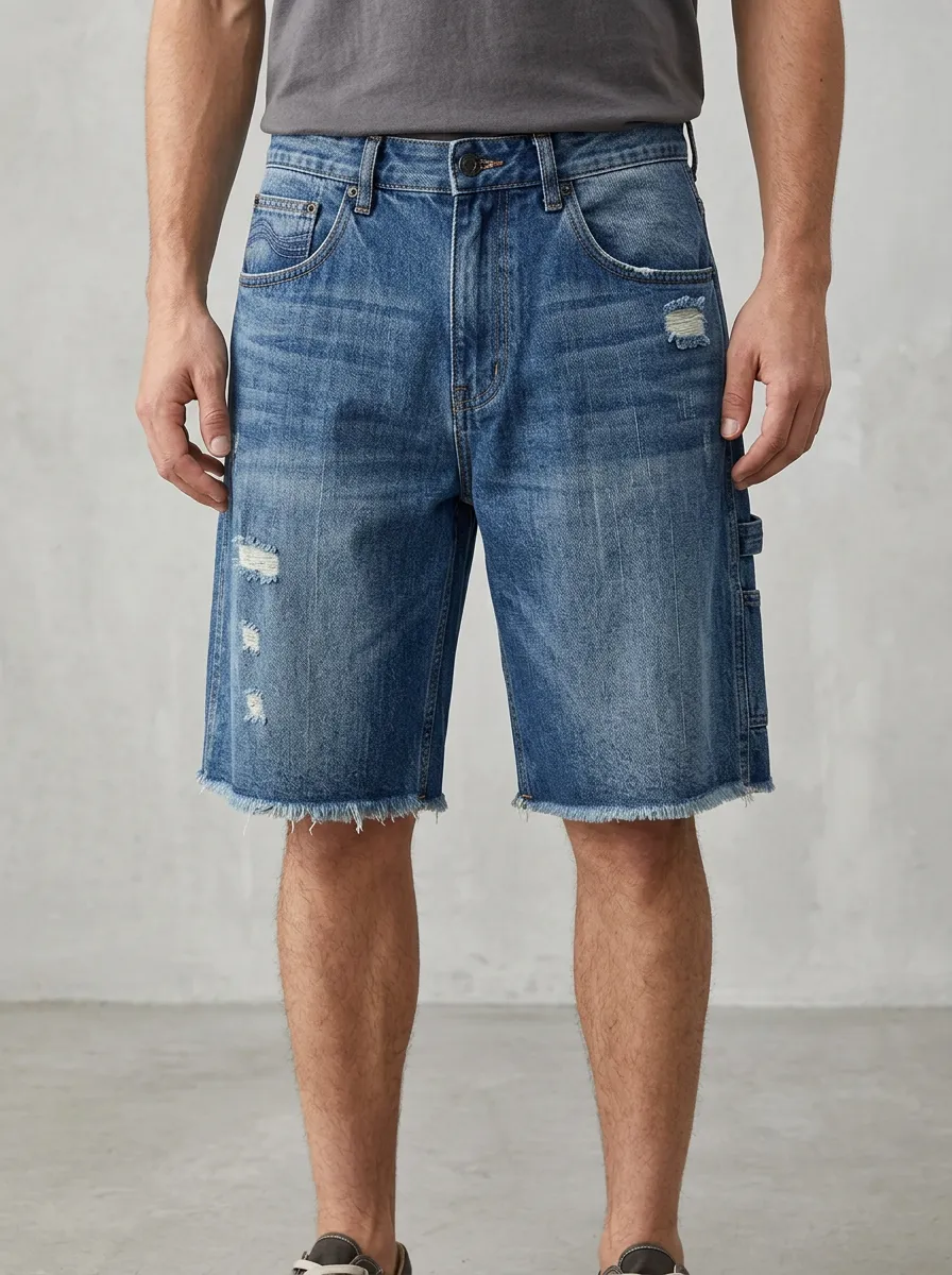 Men's Relaxed Distressed Raw Hem Street Inspired Distressed Denim Shorts