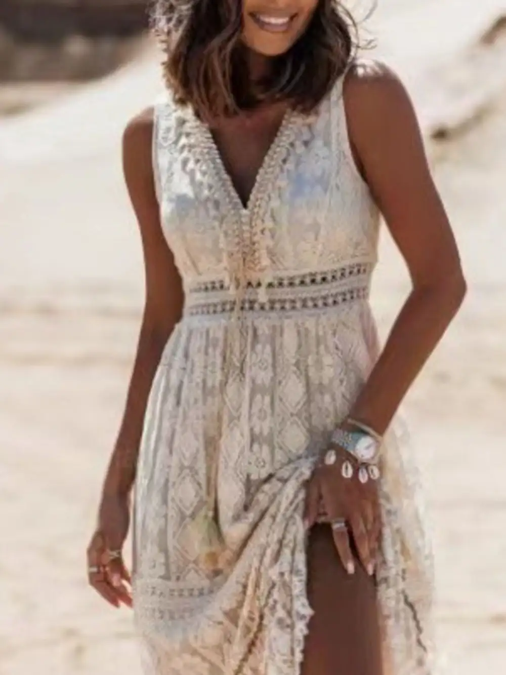 Lace V Neck Sleeveless Maxi Dress