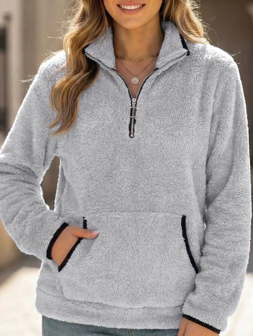 High Neck Zip Up Pocket Sweatshirt