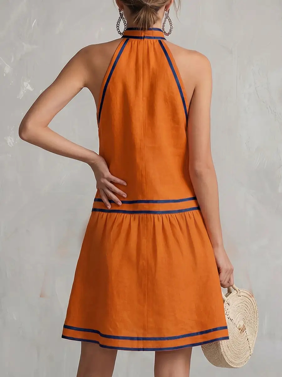 A Line Sleeveless Contrast Color Pocket Zipper Halter Neck Mini Dress