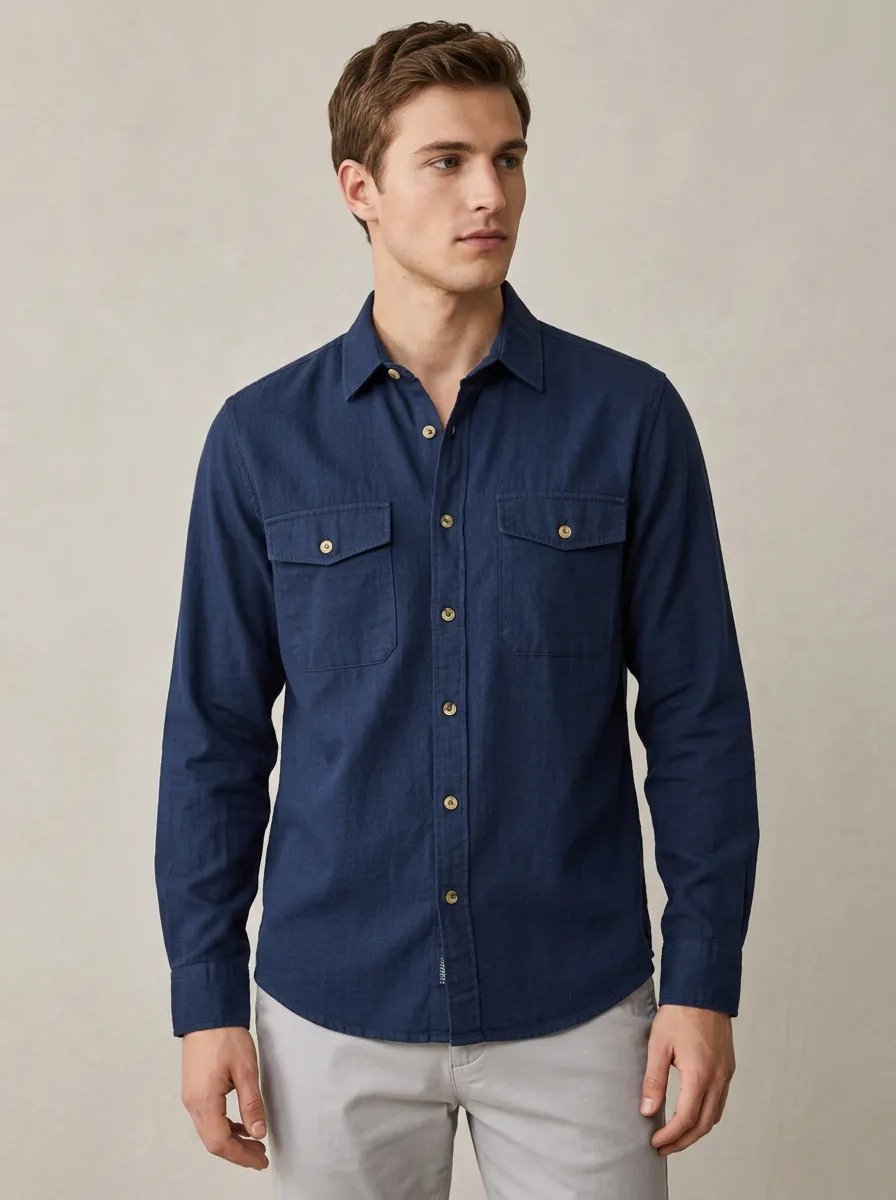 Men's Casual Breathable Navy Blue Button-Down Long Sleeve Shirt