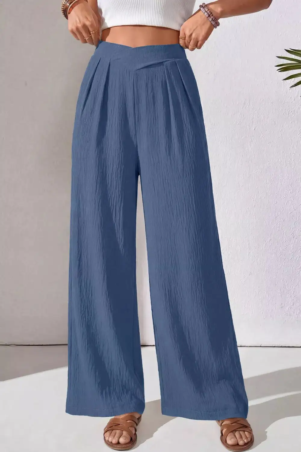 Solid Textured Crossed Waist Loose Pants