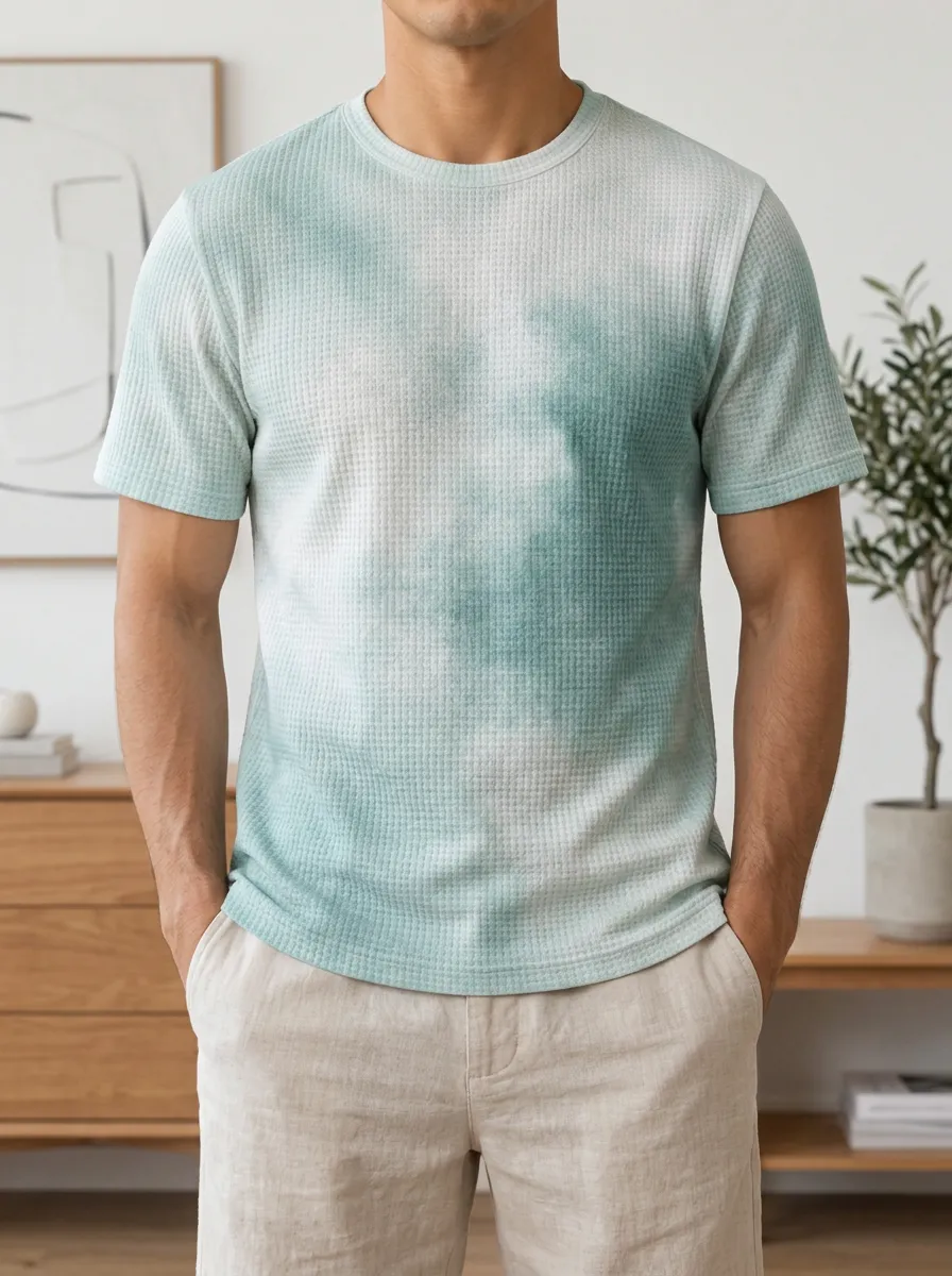 Men's Tie-dye Waffle Knit Bold Crew Neck T-Shirt