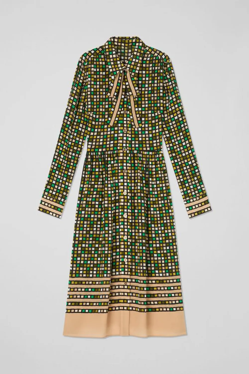 Green Checkered Tie Neck Two Tone Dress