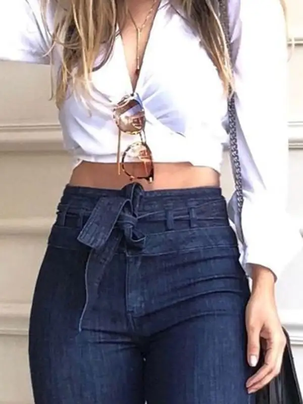 Minimal High Waist Relaxed Fit Flared Tie Waist Jeans