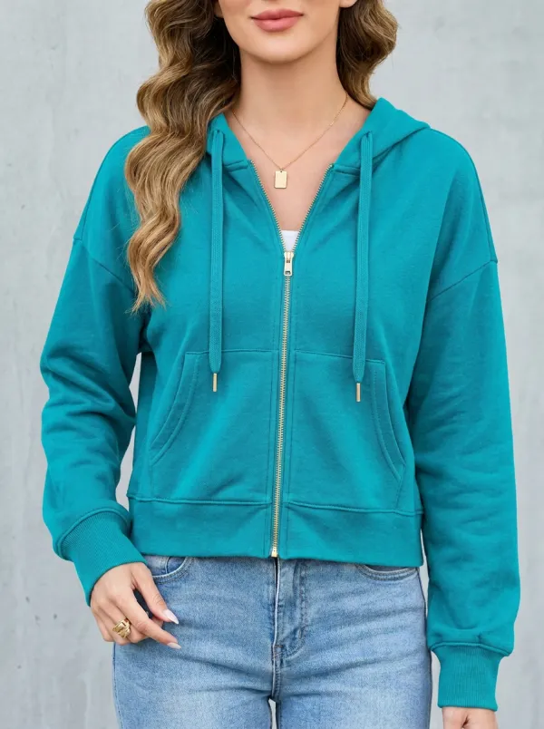 Drawstring Women's Zip-Up Hooded Jacket