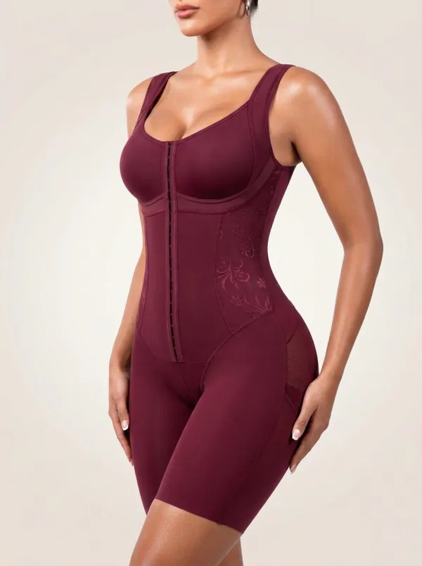 Women's Burgundy Floral Lace Hook-Closure Printed Bodysuit Shapewear