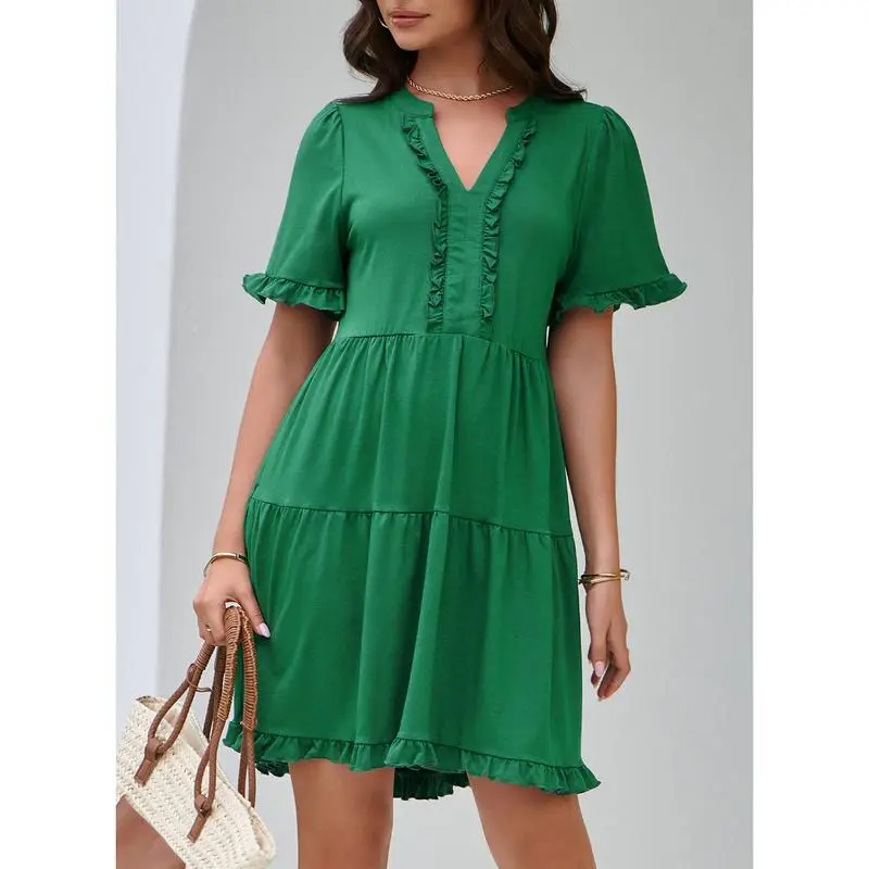 Womens Dresses 2025 Summer Spring V Neck Ruffle Short Sleeve Casual A-Line Flowy Swing Shift Dress Mini Dress