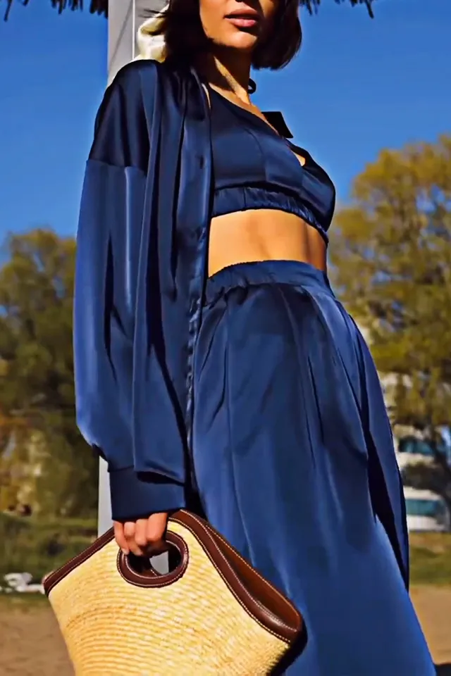 8PACK-Solid Color Silk Fabric Tank Top and Shirt and Pants Three Piece Set