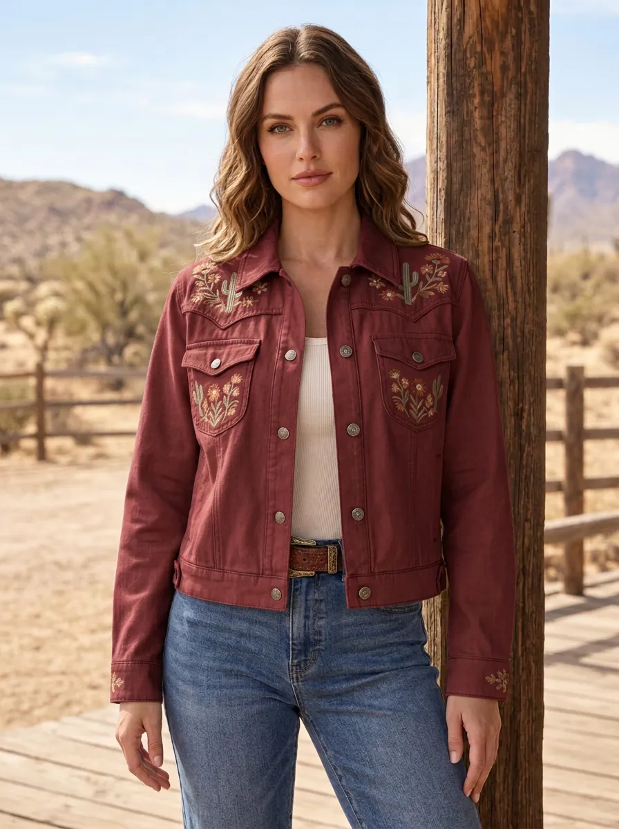 Women's Heritage Inspired Western Cactus Desert Floral Embroidery Floral Embroidered Jacket