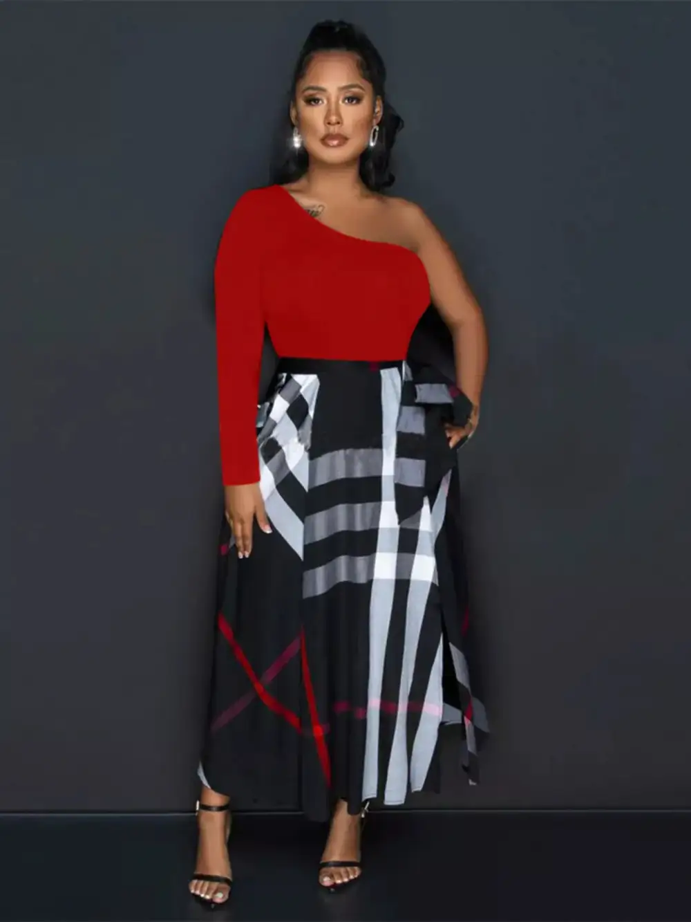 Asymmetrical One-Sleeve Midi Dress with Waist Tie