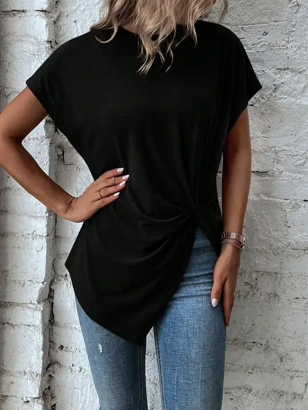 Batwing Sleeve Relaxed Asymmetric Pleat Detail Panel Detail Round Neck T-Shirt