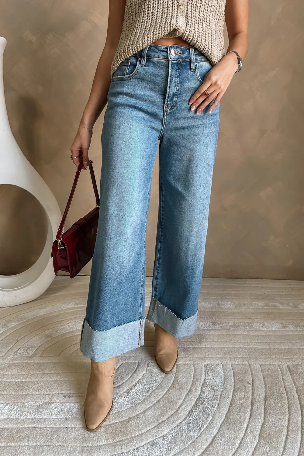Folded Hem Jeans With Pockets