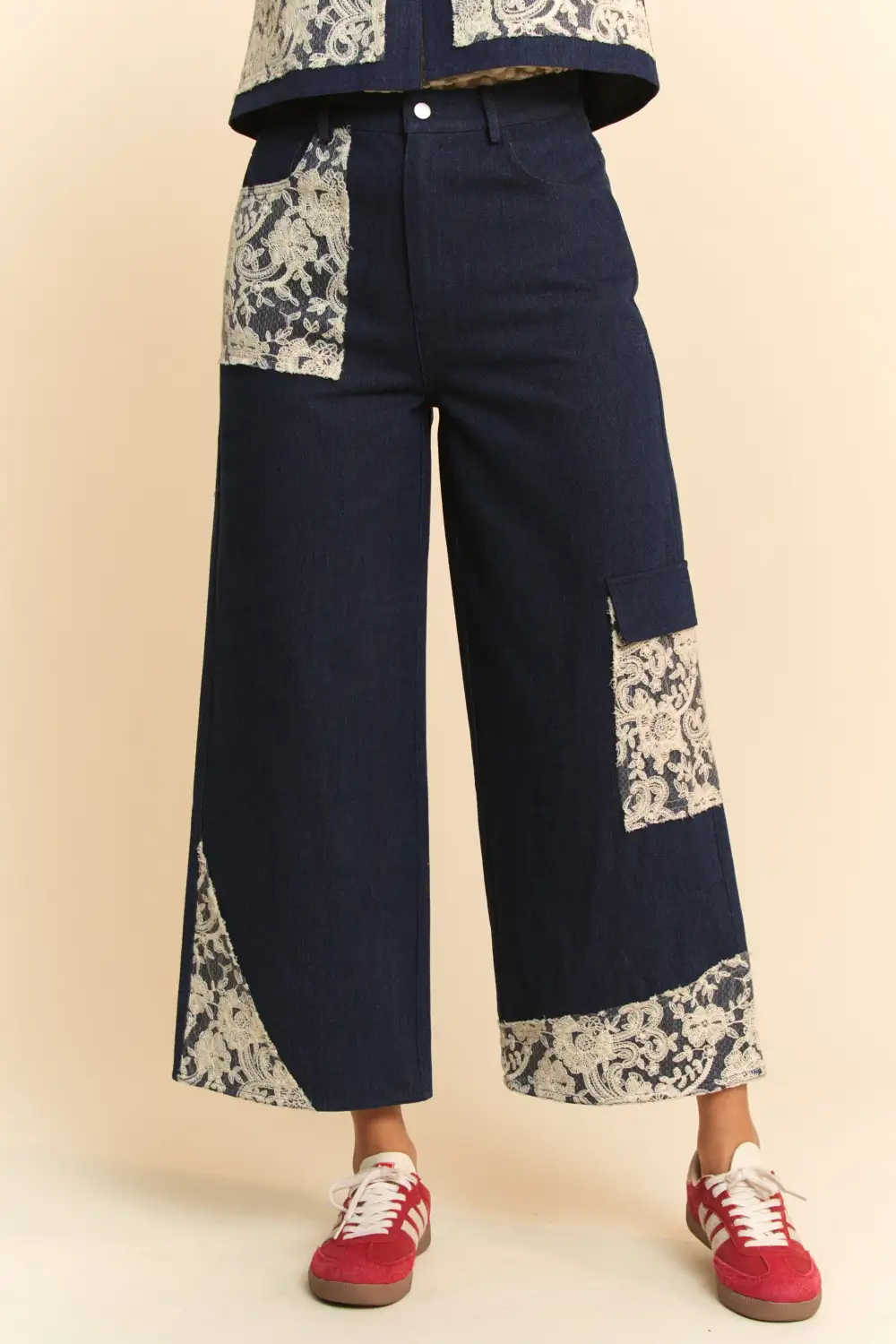 Lace Applique Wide Leg Detail Denim Jeans