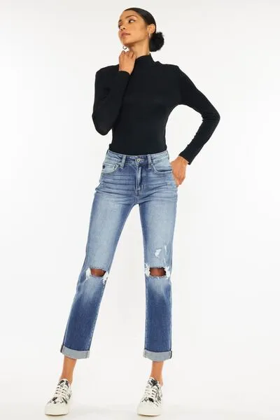 Versatile High Waist Straight Leg Distressed Denim Jeans