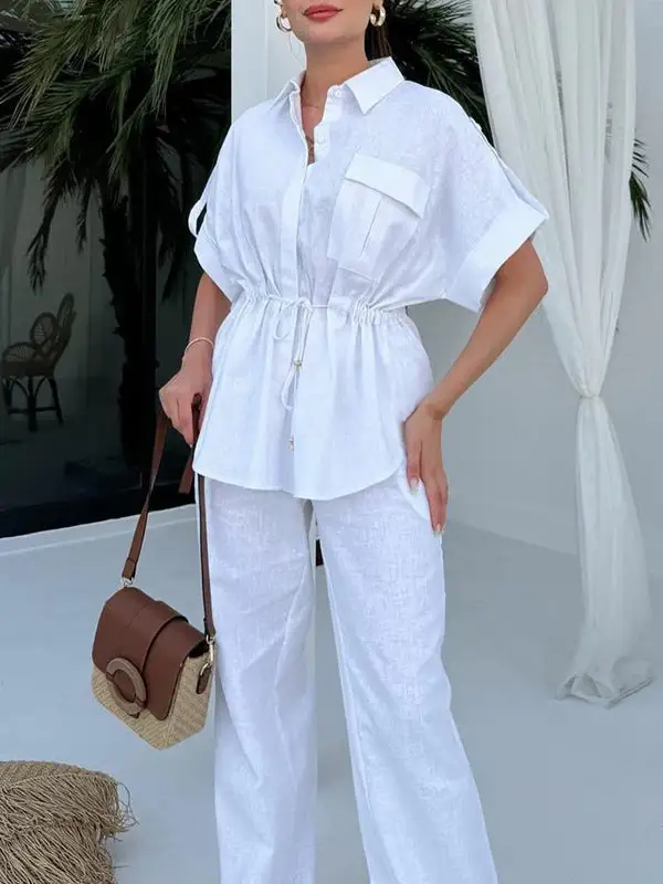 Relaxed Drawstring Blouse And Pants Set