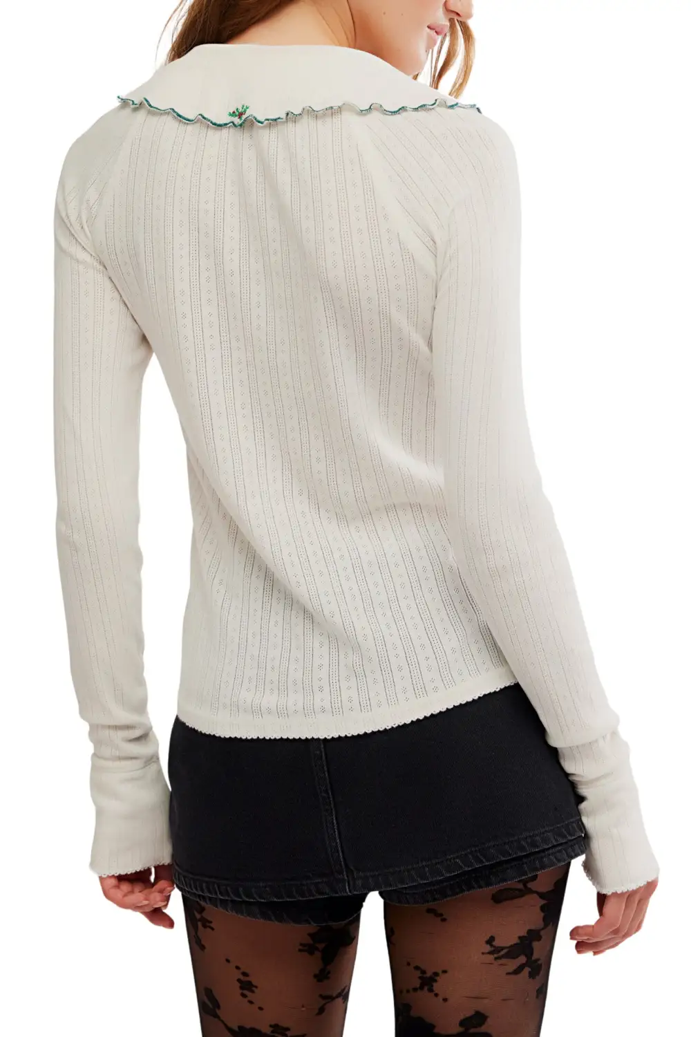 Floral Embroidered Button Front Peter Pan Collar Long Sleeve Shirt