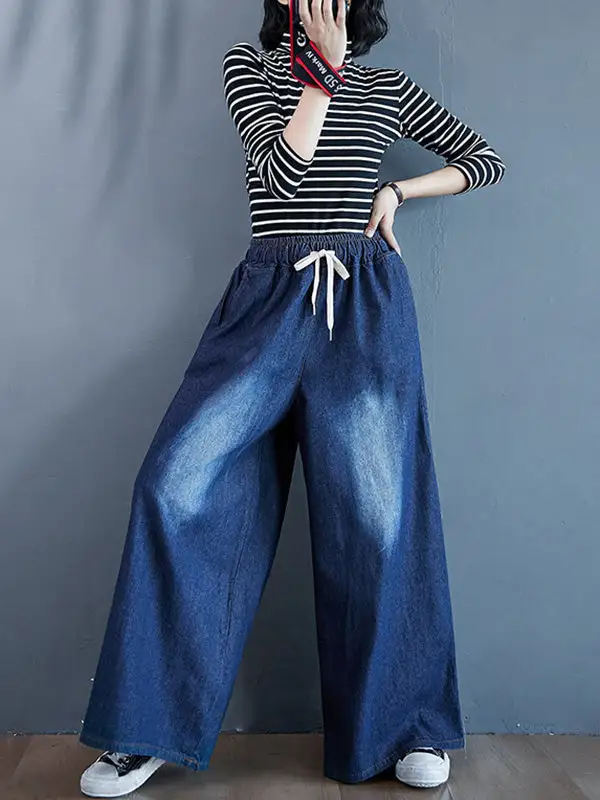 Relaxed Fit Wide Leg Drawstring Jeans
