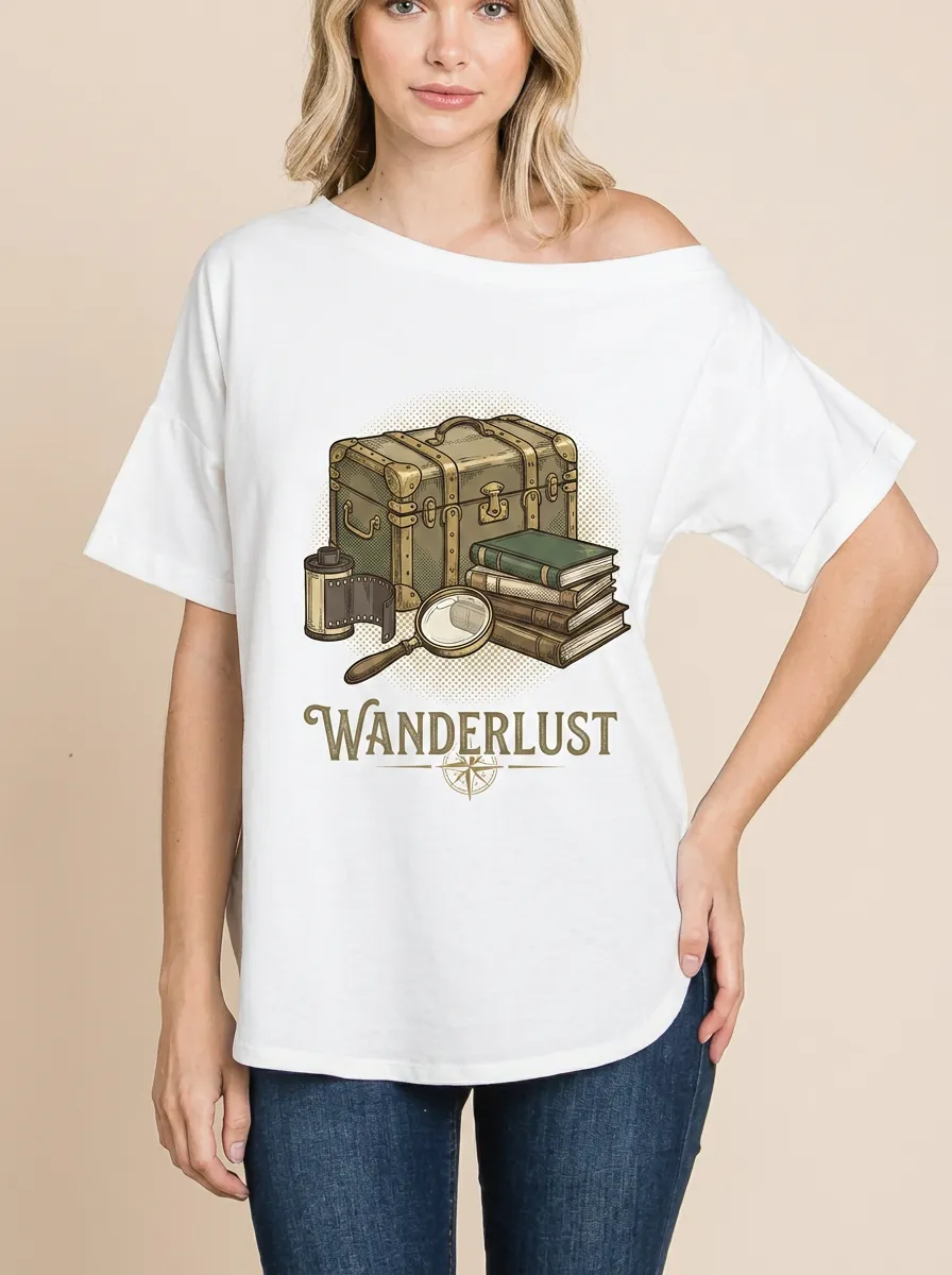 Women's Wanderlust Travel Lover Suitcase Books Printed T-shirt