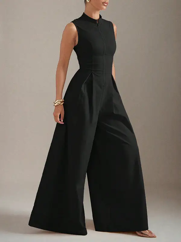 Mouwloze Jumpsuits Met Wijde Pijpen Geplooide Effen Kleur