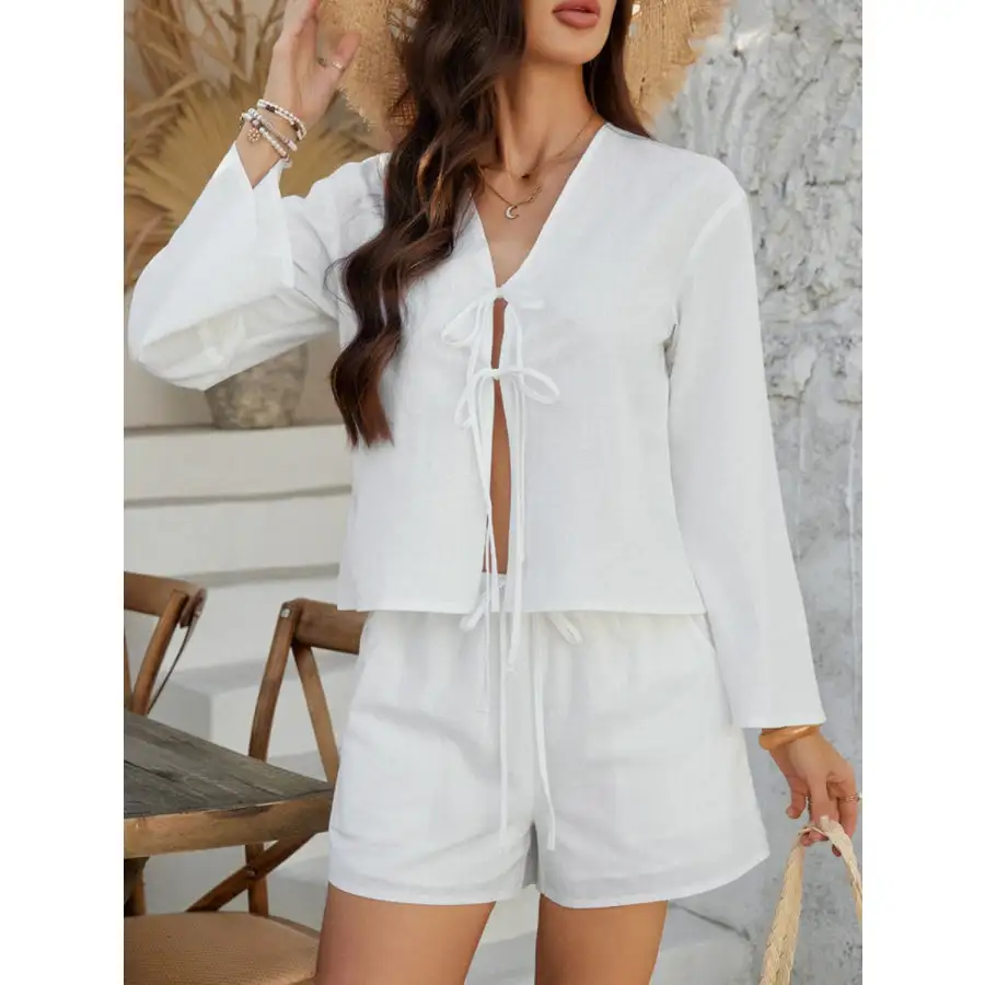 Double Tied V Neck Top and Shorts Set