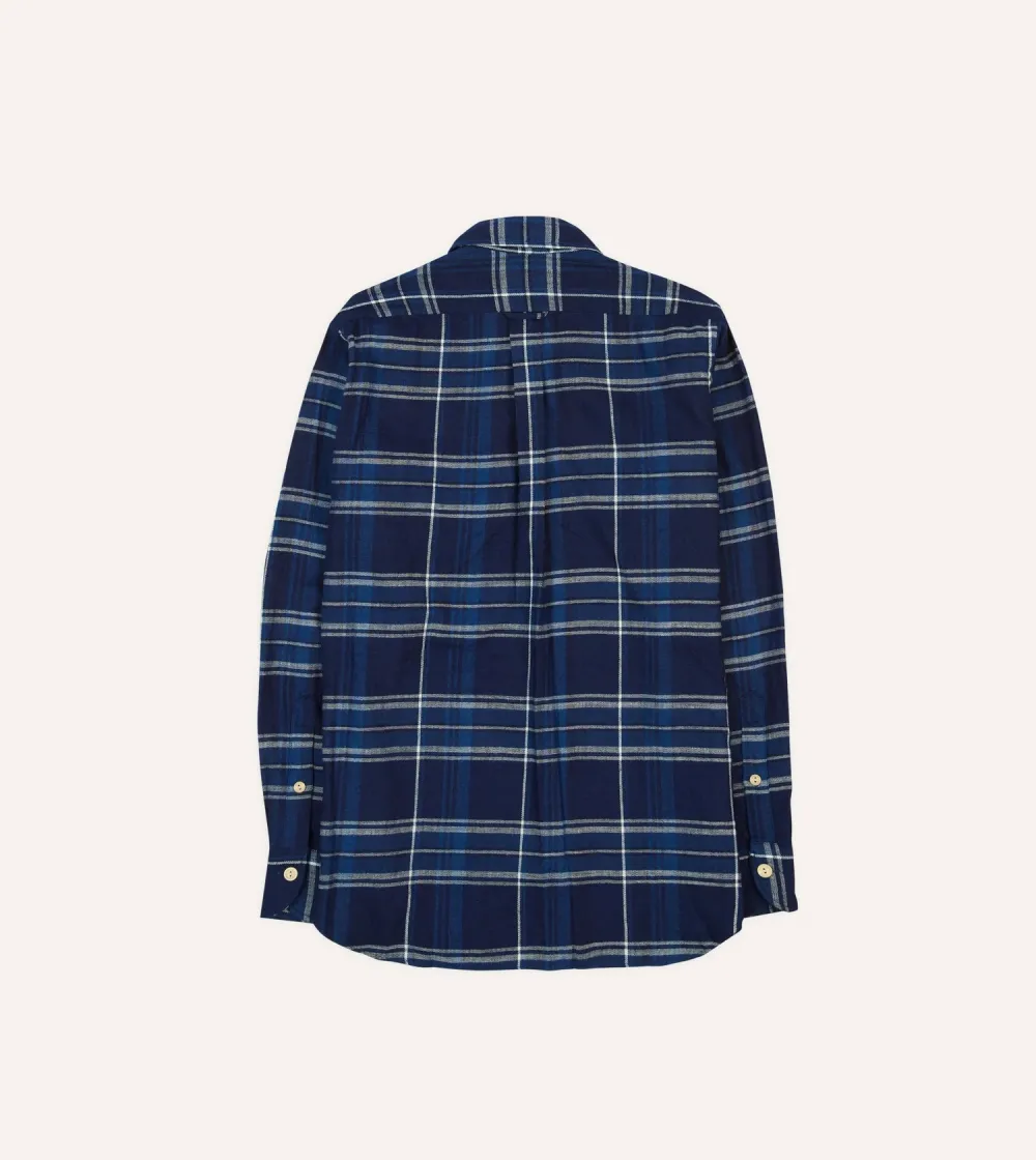 Blue Check Cotton Long Point Collar Work Shirt Casual Style