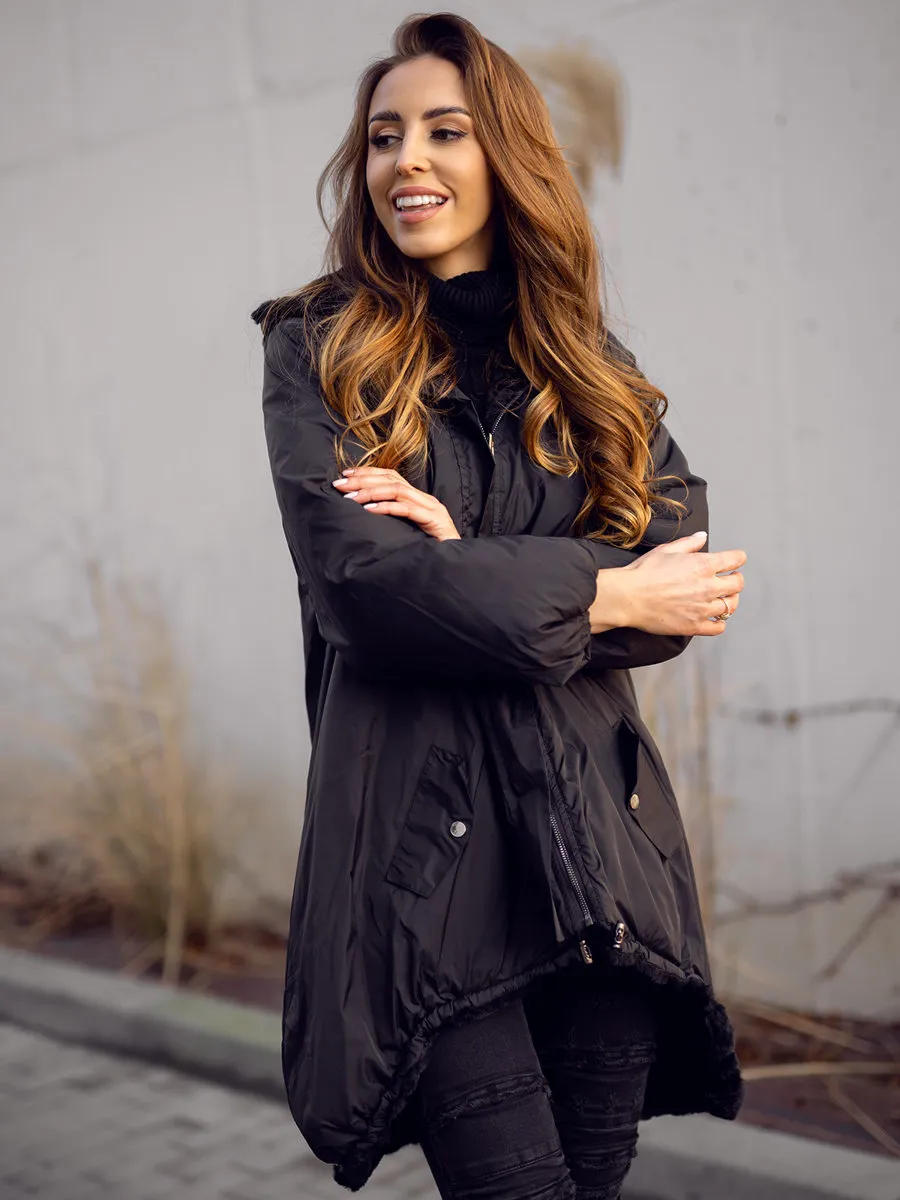 Black Women's Long Quilted Winter Jacket With Hood