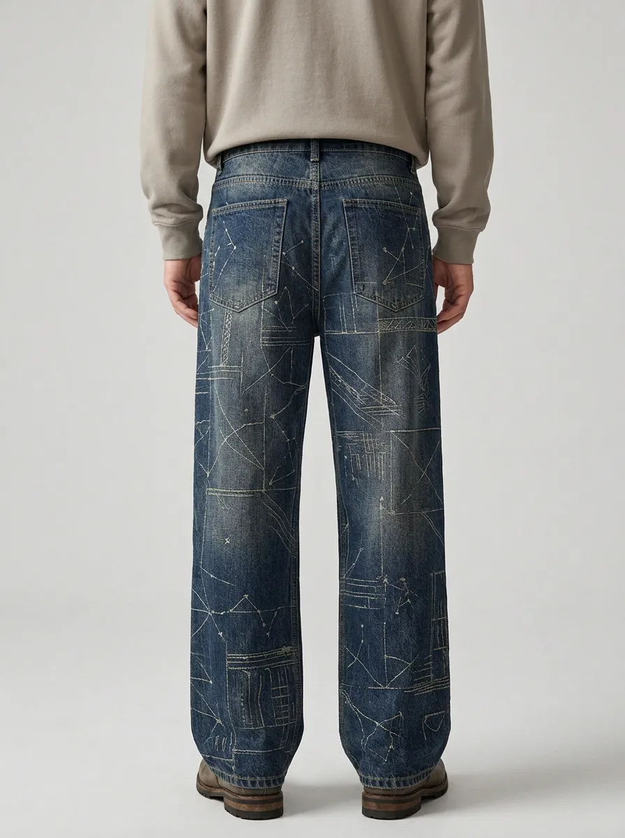 Wide Leg Constellation Graphic Celestial Graphic Geometric Graphic Men's Loose Fit Jeans