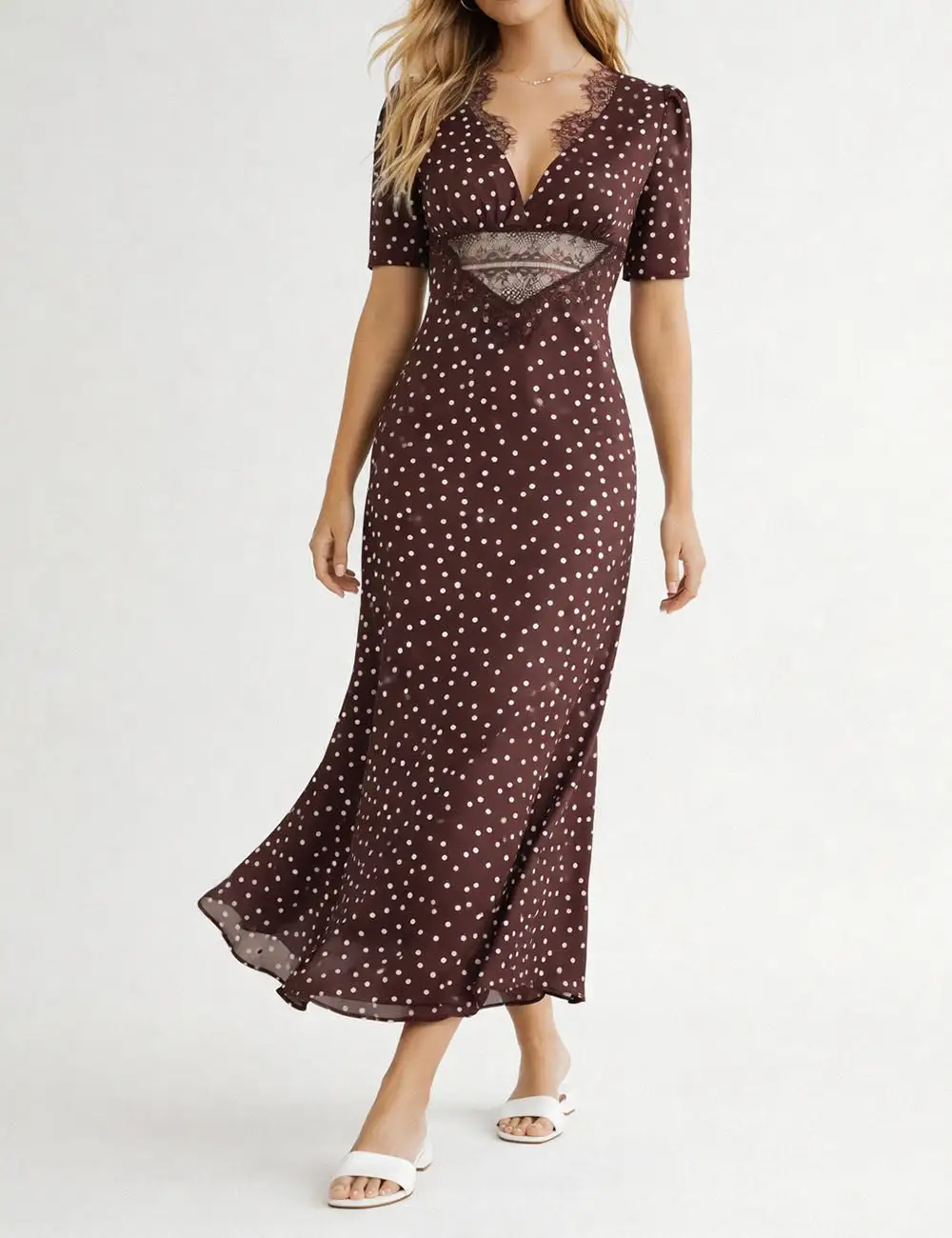 Chic Polka Dot Lace Trim V Neck Short Sleeves Maxi Dress