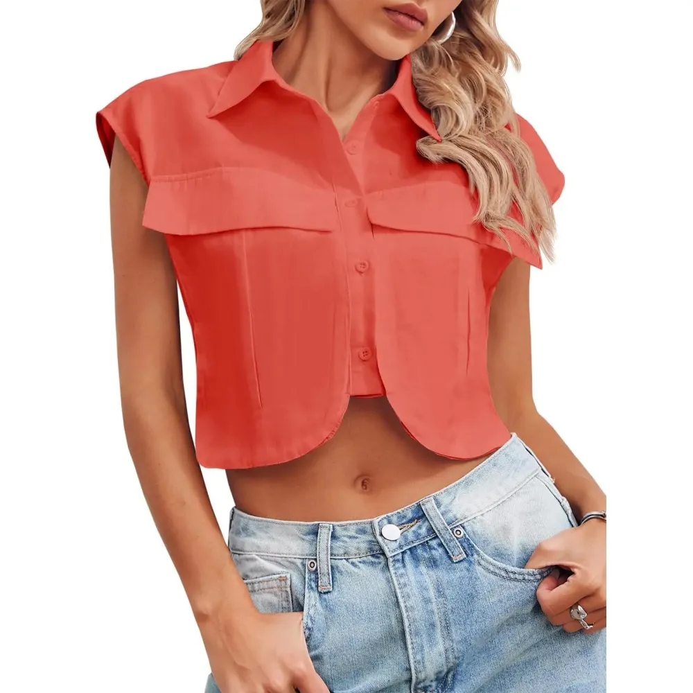 Womens Button Down Shirts Cute Summer Cap Sleeve Crop Tops