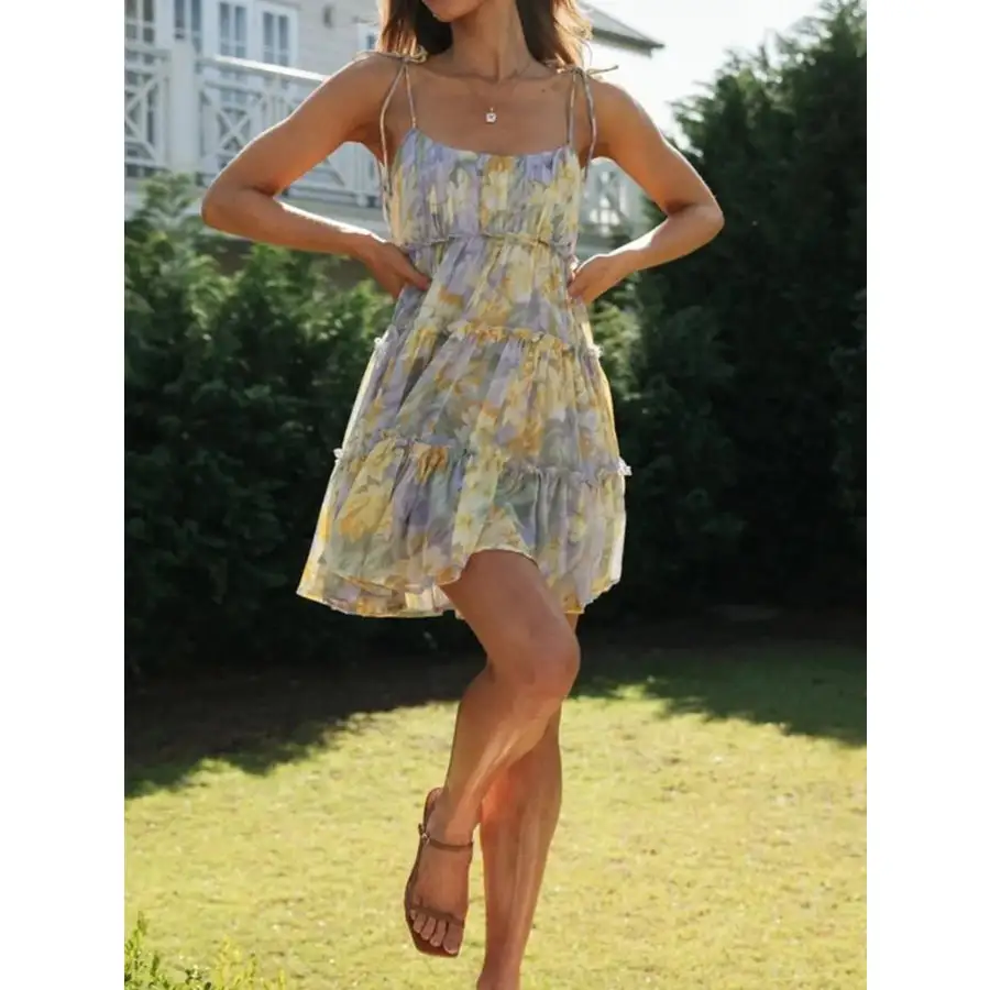 Printed Tie-strap Tiered Mini Dress