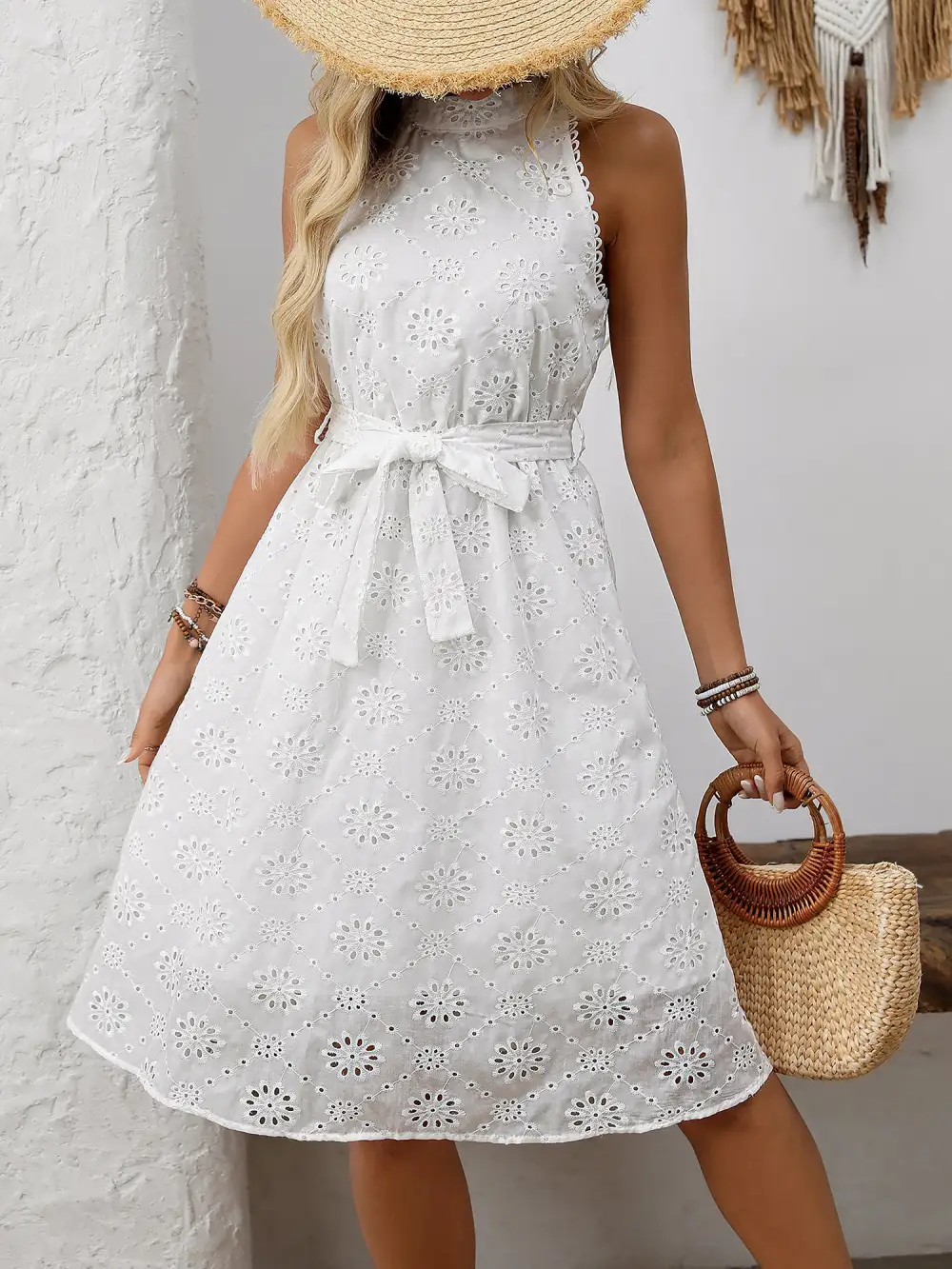 Halter-Neck Sleeveless Eyelet Lace-Up Midi Dress