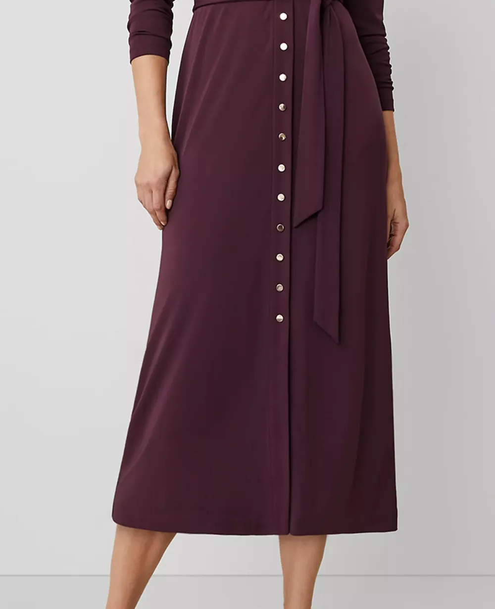 Button V-Neck Flare Knit Midi Dress