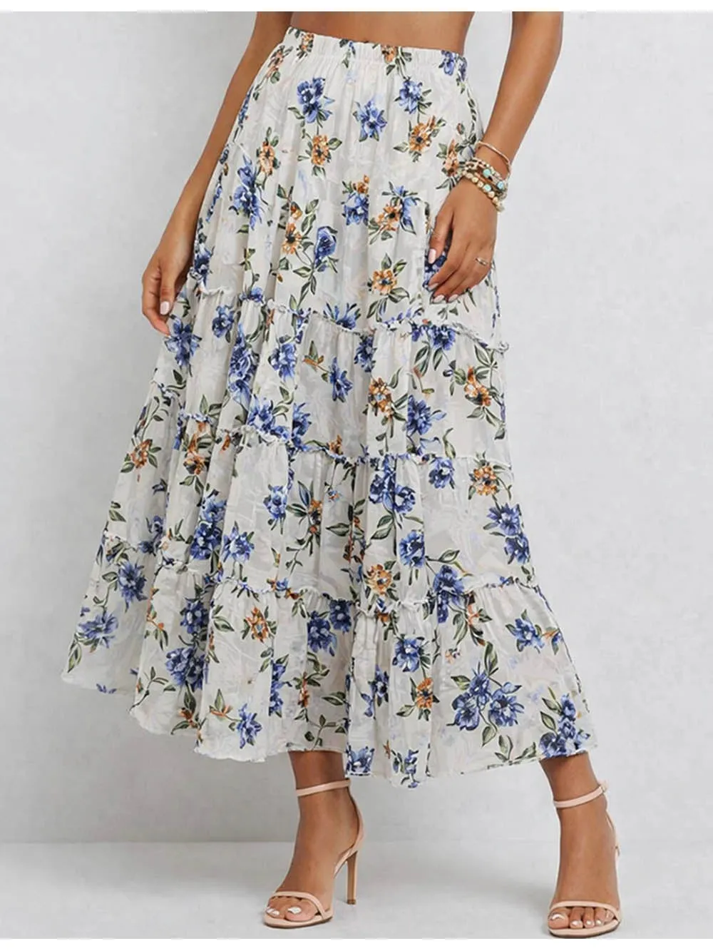 Tiered Ruffle Elastic Waist Maxi Skirt
