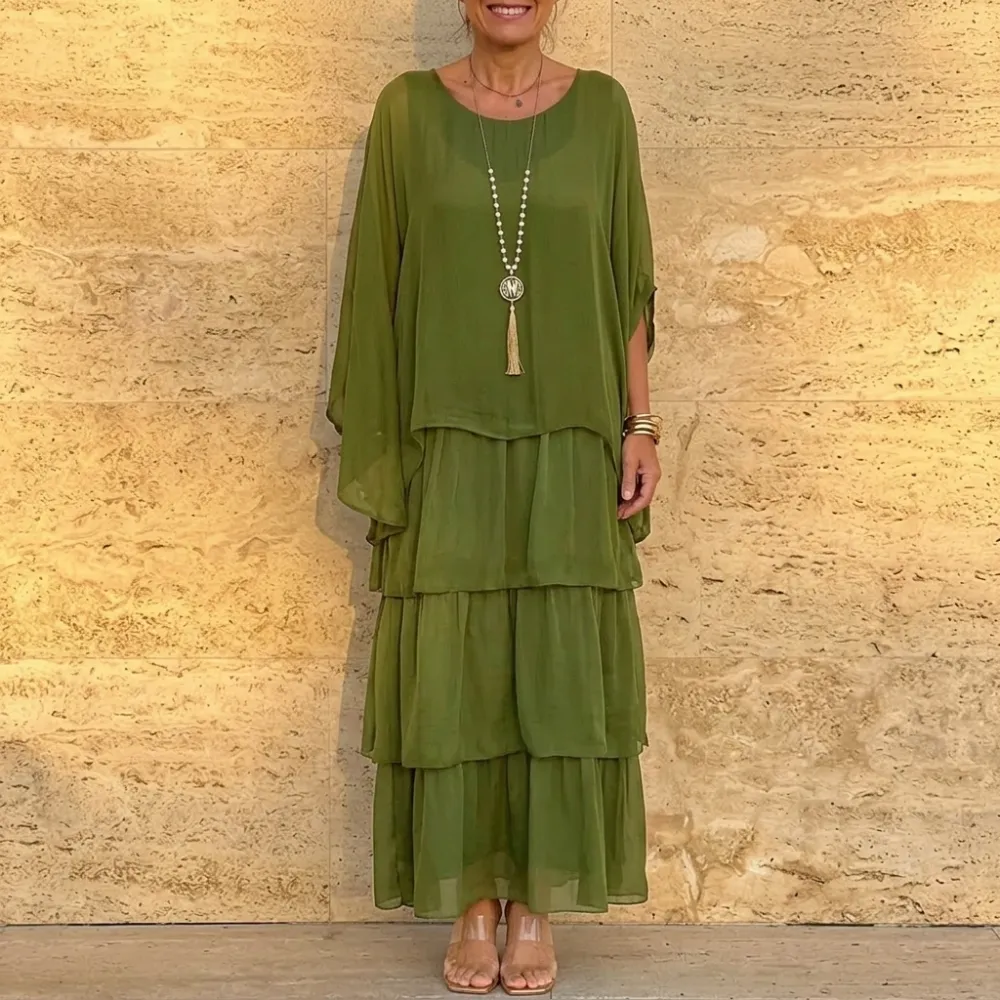 Tiered Chiffon Satin Finish Maxi Dress