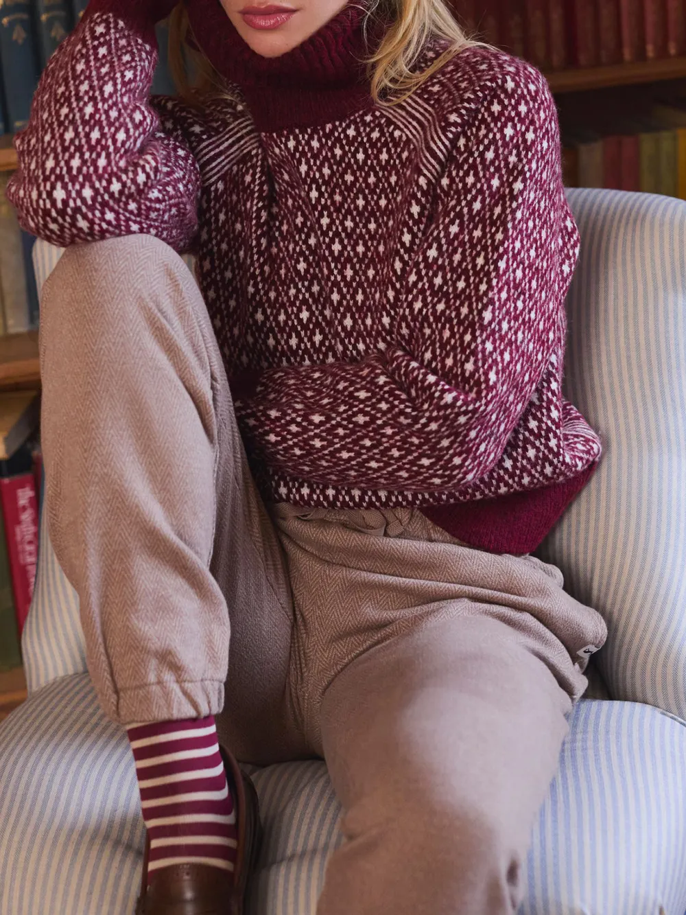 Cream/Red Patterned Jumper with Detachable Roll Neck