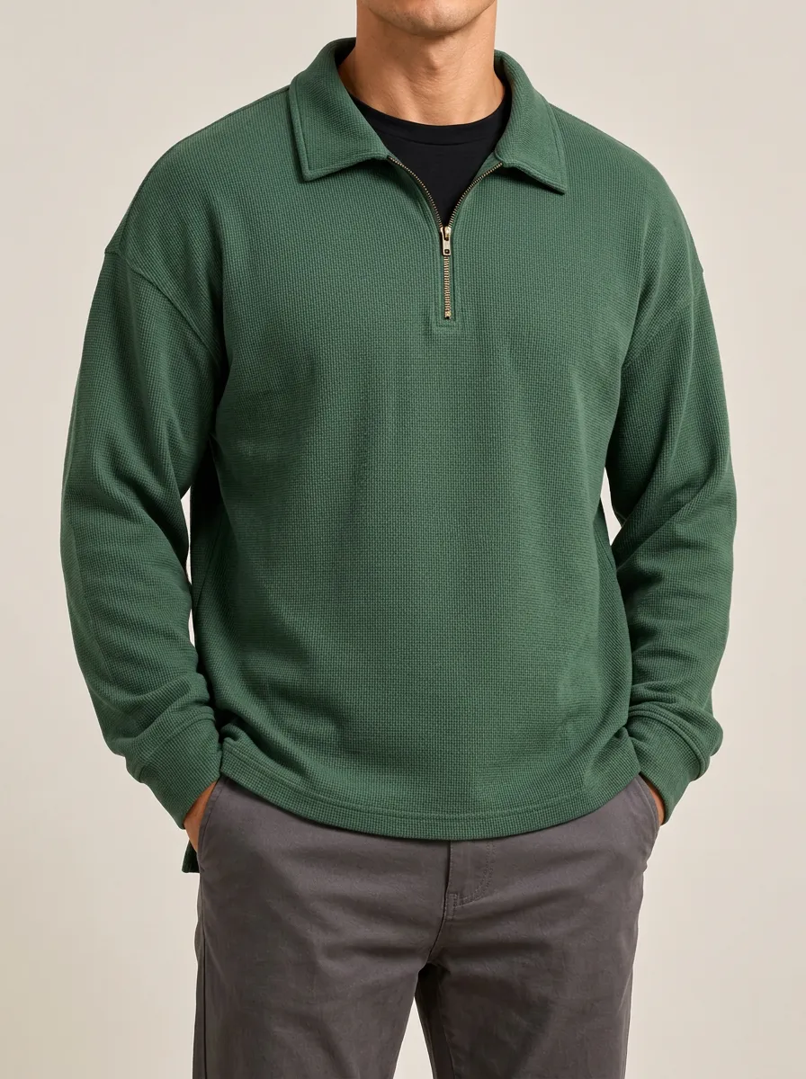 Waffle Knit Sweatshirt with Quarter-Zip Closure for Everyday Wear