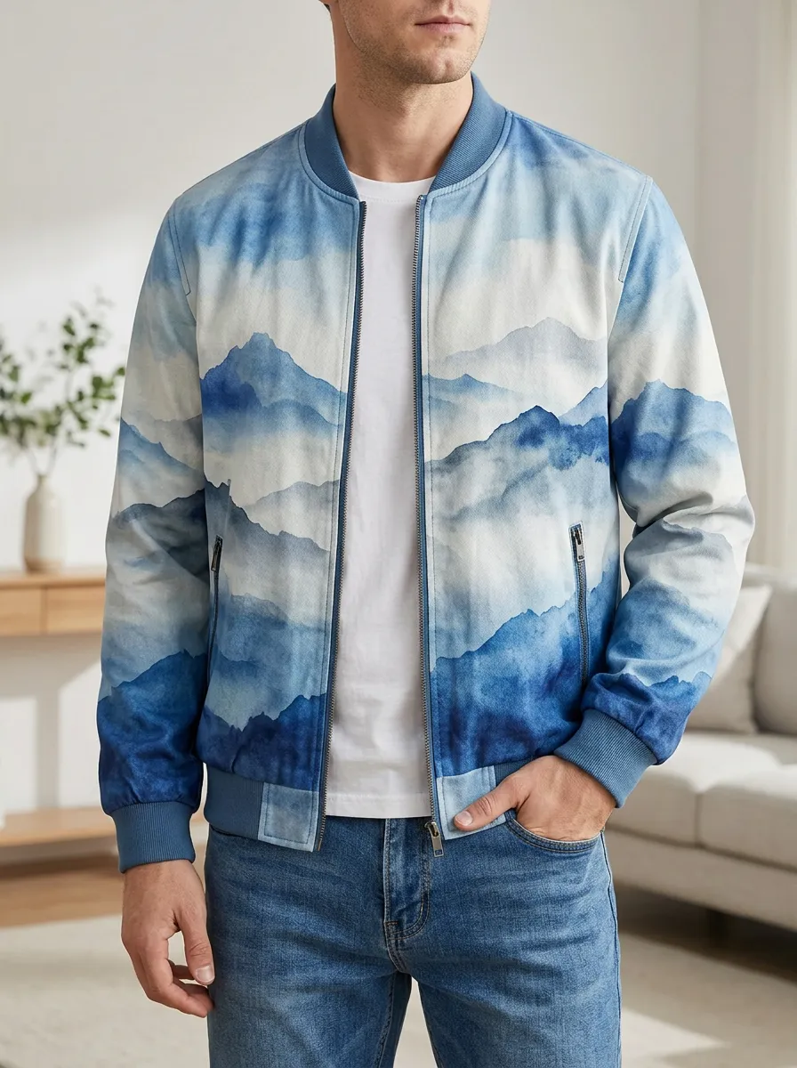 Men's Watercolor Mountain Landscape Rugged Adventure Bomber Jacket