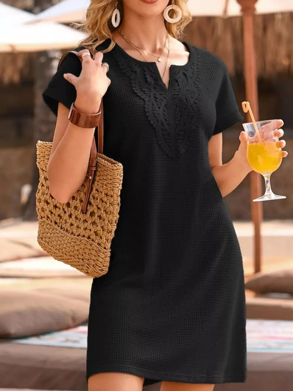 Knit Waffle Short Sleeve Sweater Dress