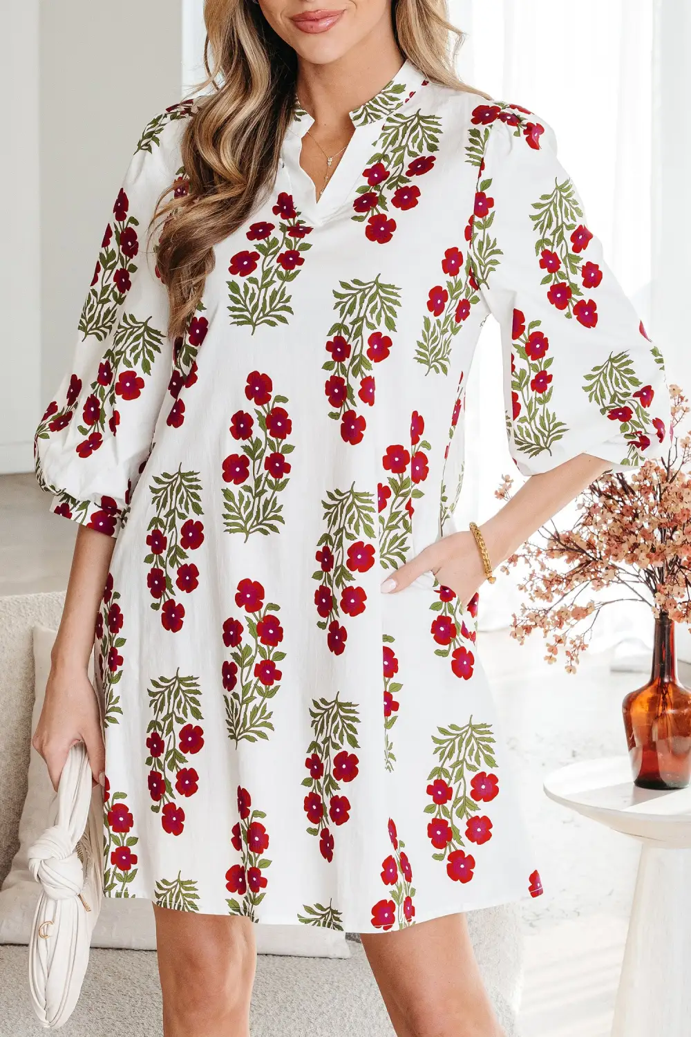 Wearable Cut Floral Printed V Neck Mini Dress